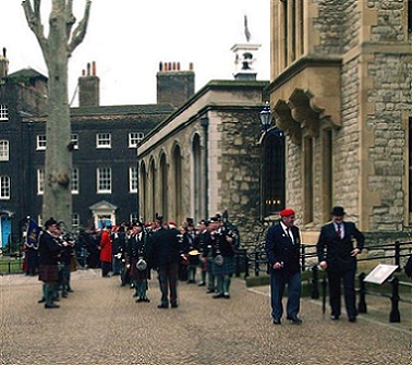 A picture of Scottish Guards preparing to march